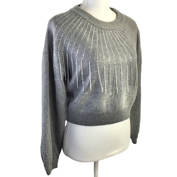BB Dakota NWT Evereve If You Fancy Sweater Embellished Fringed Crop Rhinestones - Picture 1 of 10